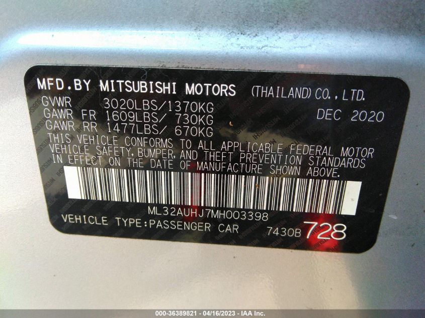 2021 MITSUBISHI MIRAGE ES/LE/CARBONITE EDITION - ML32AUHJ7MH003398