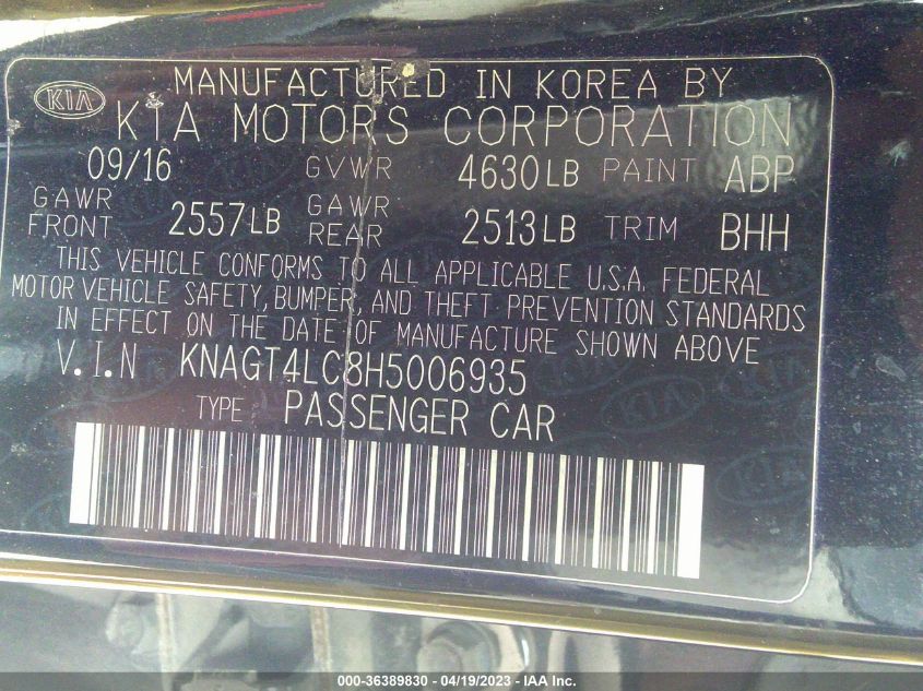 2017 KIA OPTIMA HYBRID BASE - KNAGT4LC8H5006935