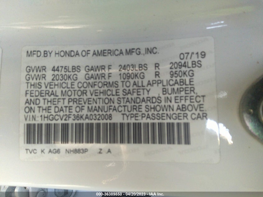 VIN 1HGCV2F36KA032008 2019 HONDA ACCORD SEDAN SPORT 2.0T