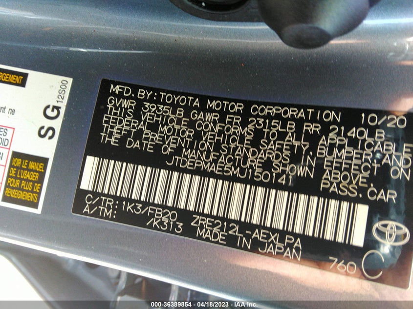 VIN JTDEPMAE5MJ150141 2021 TOYOTA COROLLA LE