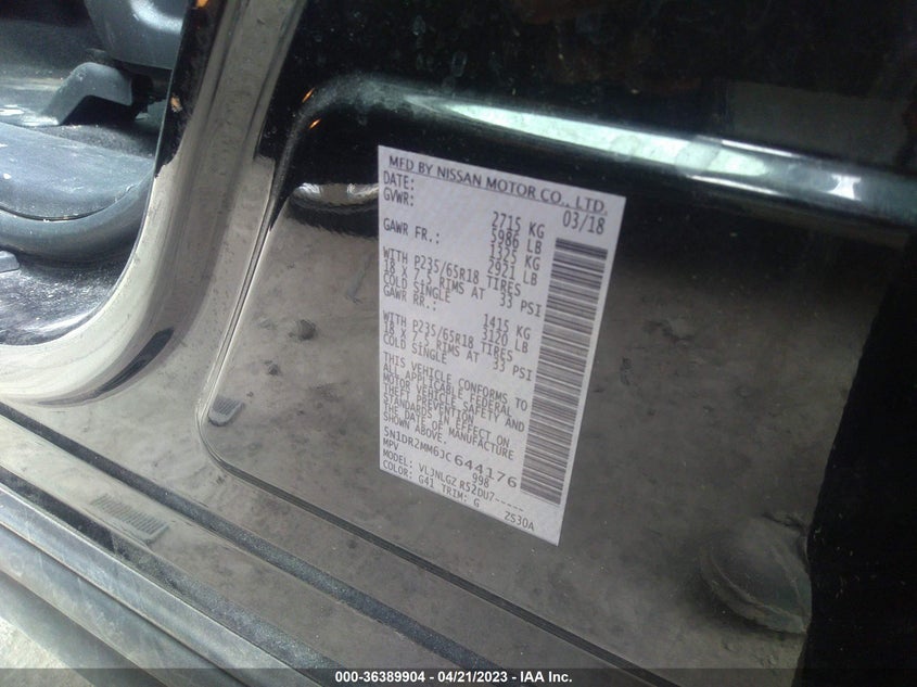 VIN 5N1DR2MM6JC644176 2018 NISSAN PATHFINDER SL