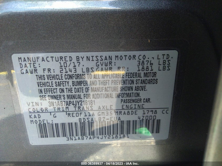 VIN 3N1AB7AP4JY218181 2018 NISSAN SENTRA S