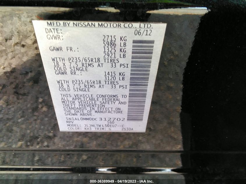 2013 INFINITI JX - 5N1AL0MM0DC312702