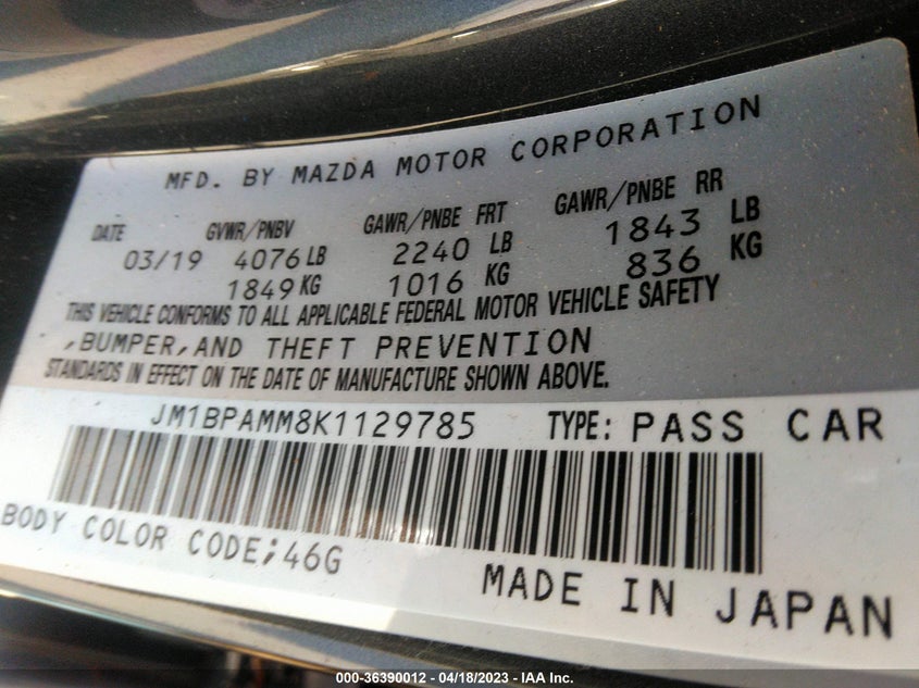 VIN JM1BPAMM8K1129785 2019 MAZDA MAZDA3 HATCHBACK W/PREFERRED PKG