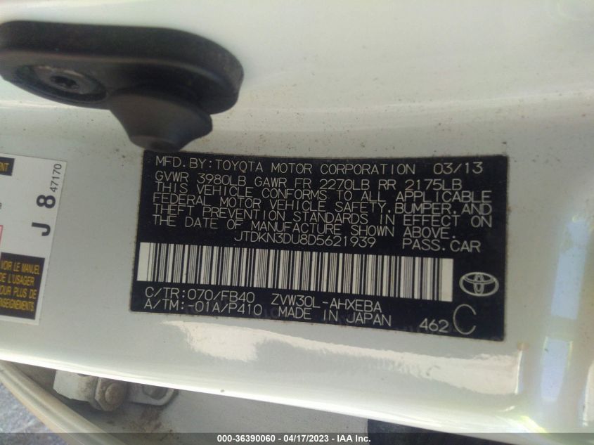 2013 TOYOTA PRIUS ONE/TWO/THREE/FOUR/FIVE - JTDKN3DU8D5621939