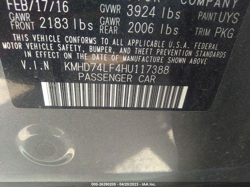 2017 HYUNDAI ELANTRA SE - KMHD74LF4HU117388