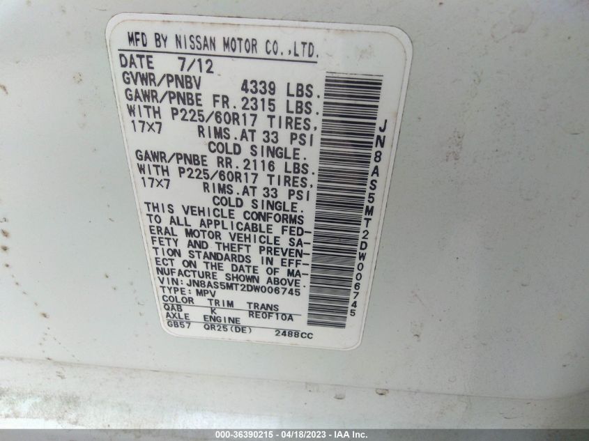 2013 NISSAN ROGUE SV - JN8AS5MT2DW006745