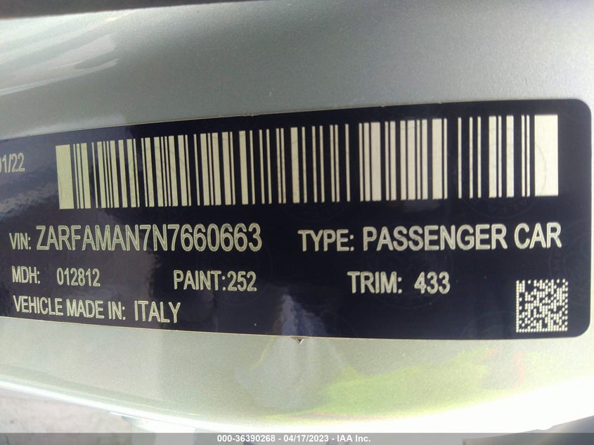 VIN ZARFAMAN7N7660663 2022 ALFA ROMEO GIULIA