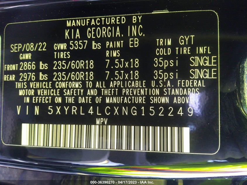 VIN 5XYRL4LCXNG152249 2022 KIA SORENTO S