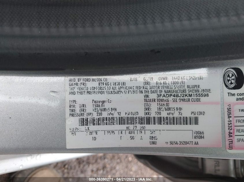 2019 FORD FIESTA SE - 3FADP4BJ2KM155598