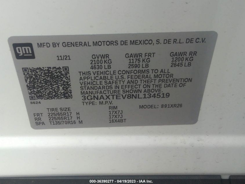 2022 CHEVROLET EQUINOX LT - 3GNAXTEV8NL134519