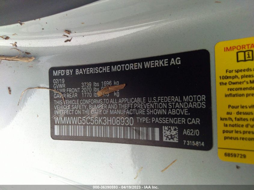 2019 MINI CONVERTIBLE COOPER WMWWG5C56K3H08930