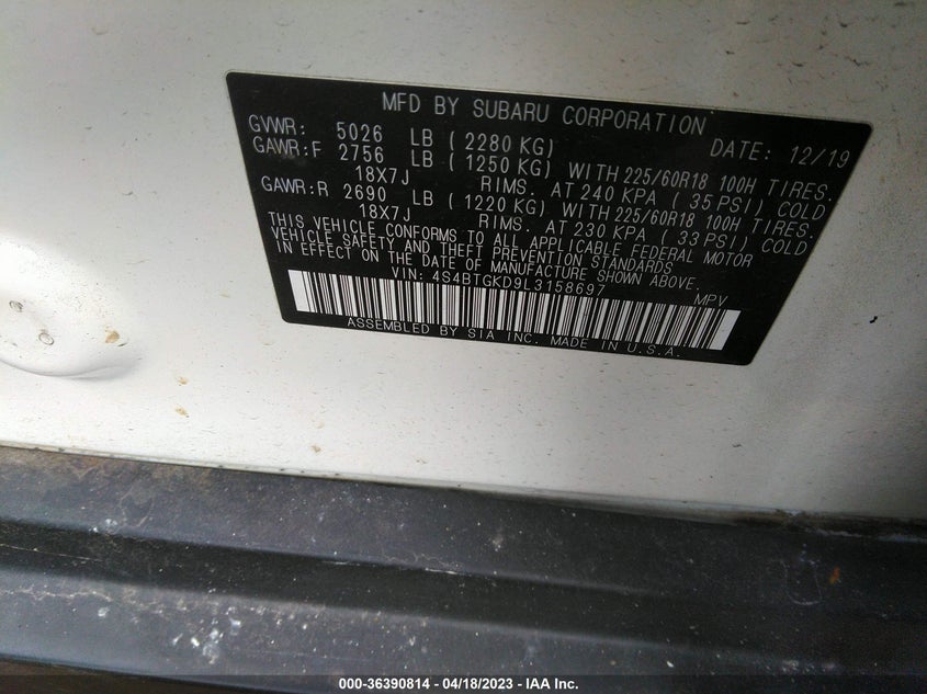 VIN 4S4BTGKD9L3158697 2020 SUBARU OUTBACK ONYX EDITION XT
