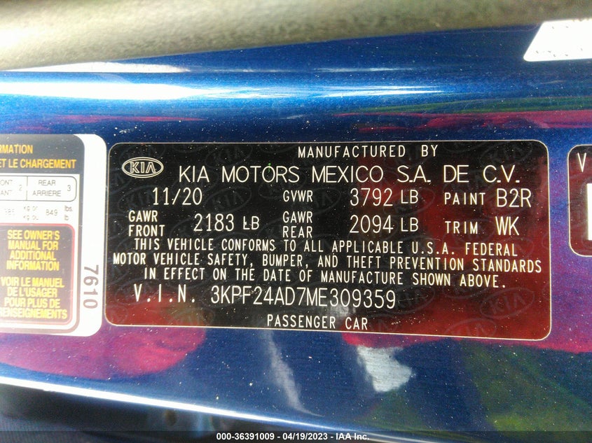 VIN 3KPF24AD7ME309359 2021 KIA FORTE LXS