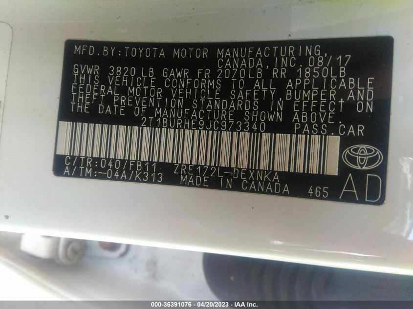 2018 TOYOTA COROLLA L/LE/XLE/SE/XSE - 2T1BURHE9JC973340