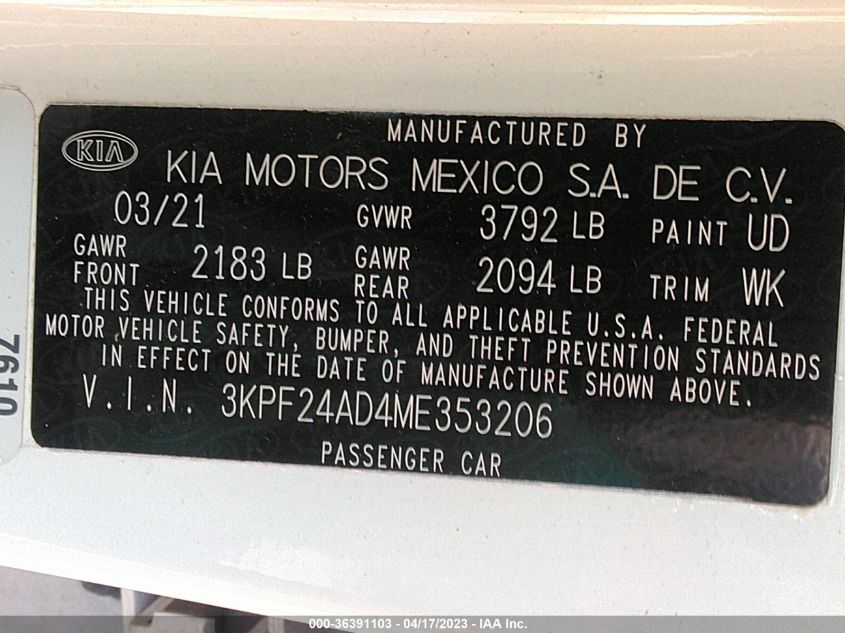 2021 KIA FORTE LXS - 3KPF24AD4ME353206