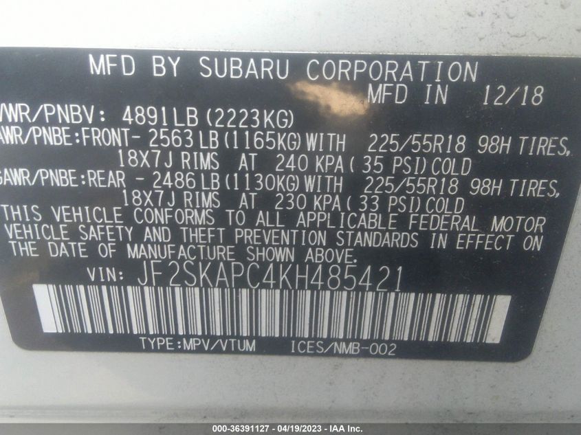 2019 SUBARU FORESTER SPORT - JF2SKAPC4KH485421