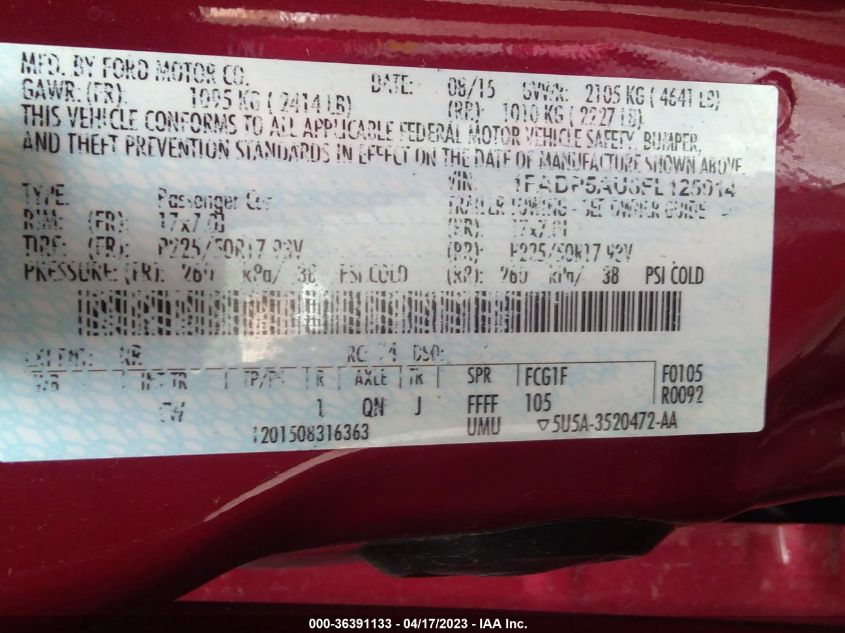 2015 FORD C-MAX HYBRID SE - 1FADP5AU8FL125014