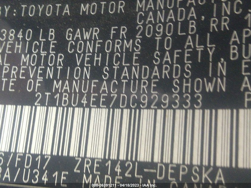 2013 TOYOTA COROLLA L/LE/S - 2T1BU4EE7DC929333
