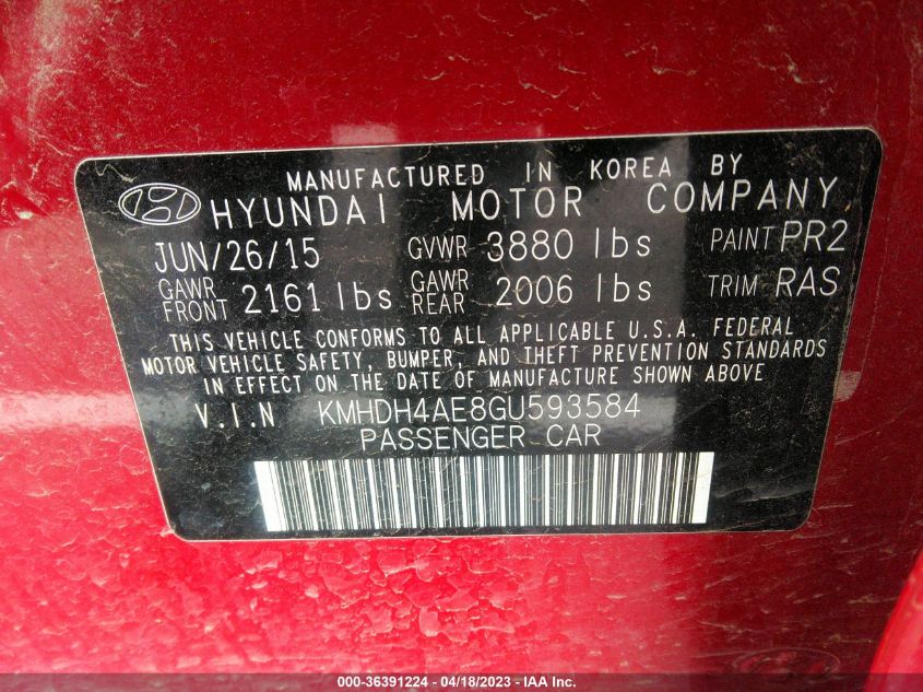 2016 HYUNDAI ELANTRA LIMITED - KMHDH4AE8GU593584