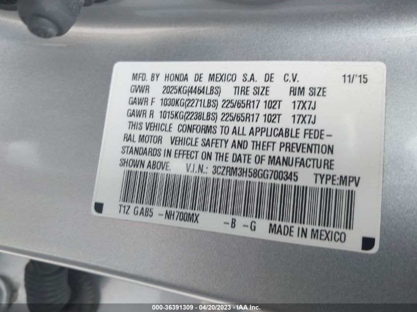 2016 HONDA CR-V EX - 3CZRM3H58GG700345