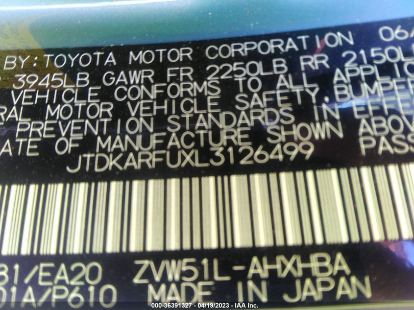 VIN JTDKARFUXL3126499 2020 TOYOTA PRIUS L ECO/LE/XLE/LIMITED