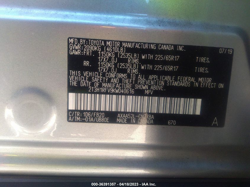 2019 TOYOTA RAV4 LE - 2T3H1RFV9KW040616