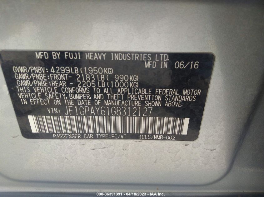 2016 SUBARU IMPREZA WAGON 2.0I SPORT LIMITED - JF1GPAY61G8312127