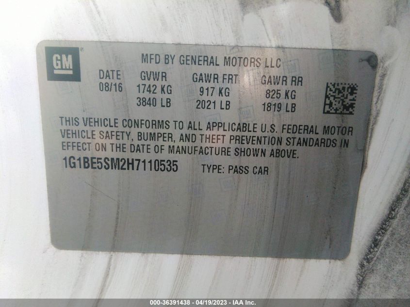 2017 CHEVROLET CRUZE LT - 1G1BE5SM2H7110535
