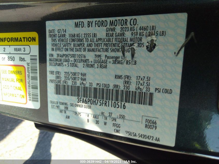 2015 FORD FUSION SE - 3FA6P0H75FR110516