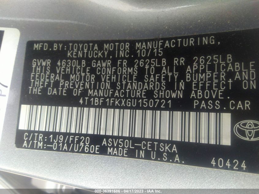 2016 TOYOTA CAMRY XLE/SE/LE/XSE - 4T1BF1FKXGU150721