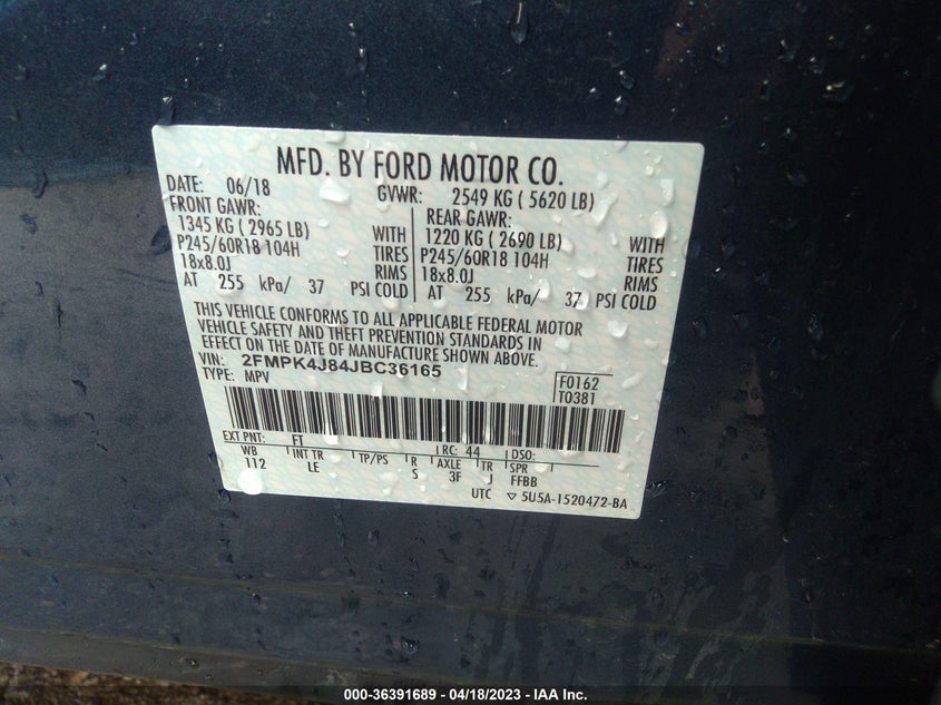 VIN 2FMPK4J84JBC36165 2018 FORD EDGE SEL