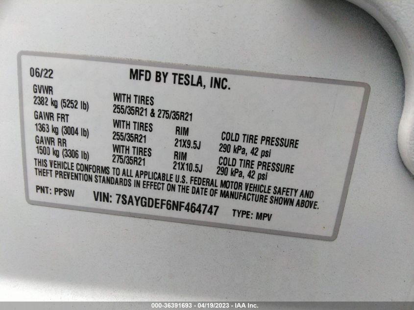 2022 TESLA MODEL Y PERFORMANCE - 7SAYGDEF6NF464747