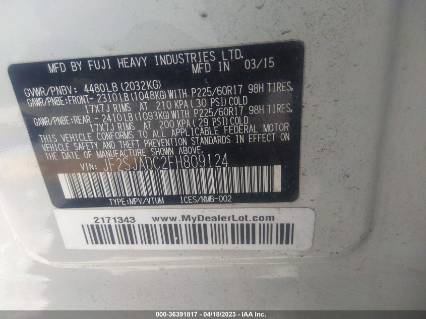 2015 SUBARU FORESTER 2.5I PREMIUM - JF2SJADC2FH809124