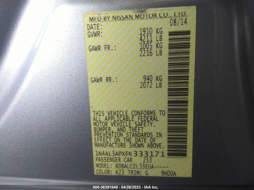 2015 NISSAN ALTIMA 2.5 - 1N4AL3APXFN333171