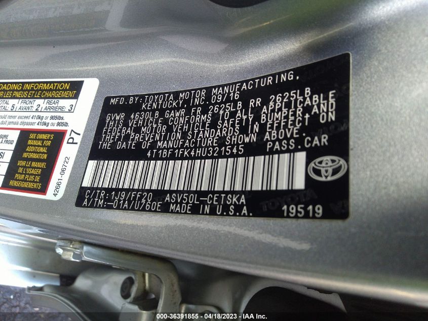2017 TOYOTA CAMRY XLE/SE/LE/XSE - 4T1BF1FK4HU321545