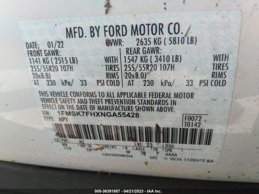 2022 FORD EXPLORER LIMITED - 1FMSK7FHXNGA55428