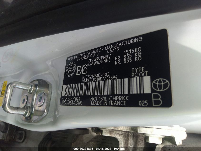 2019 TOYOTA YARIS HATCHBACK LE/SE VNKKTUD30KA105394
