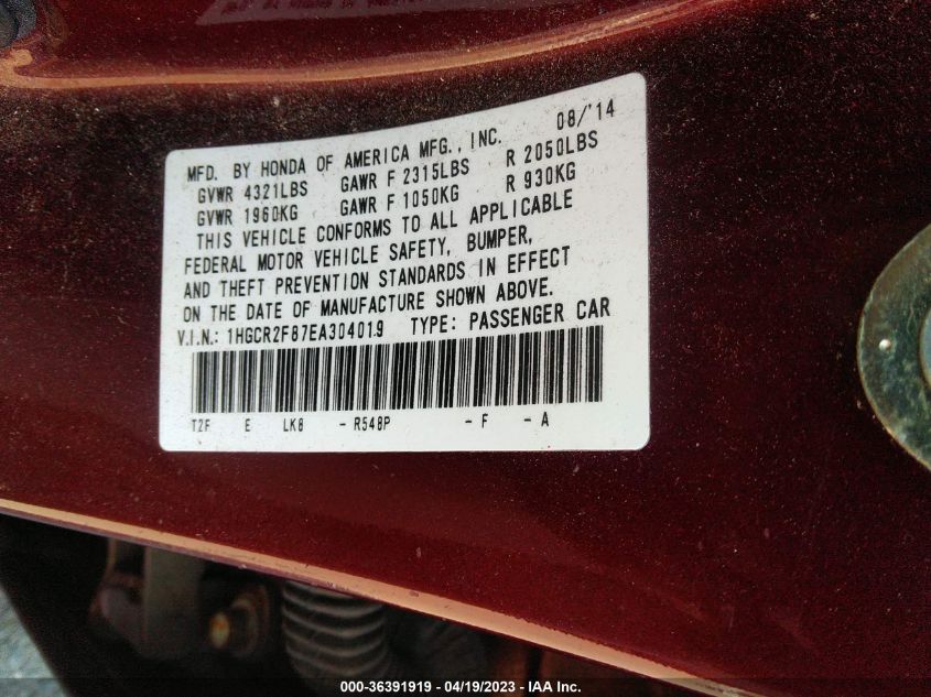 2014 HONDA ACCORD SEDAN EX-L - 1HGCR2F87EA304019