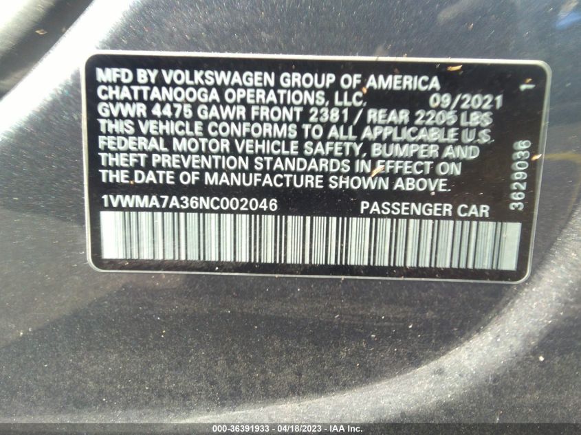 2022 VOLKSWAGEN PASSAT 2.0T R-LINE - 1VWMA7A36NC002046
