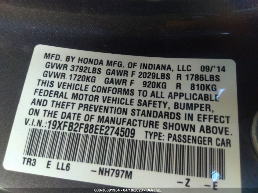 2014 HONDA CIVIC SEDAN EX - 19XFB2F88EE274509
