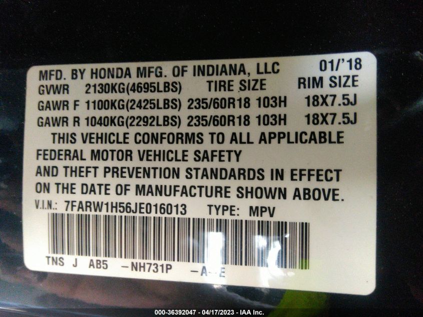 2018 HONDA CR-V EX - 7FARW1H56JE016013