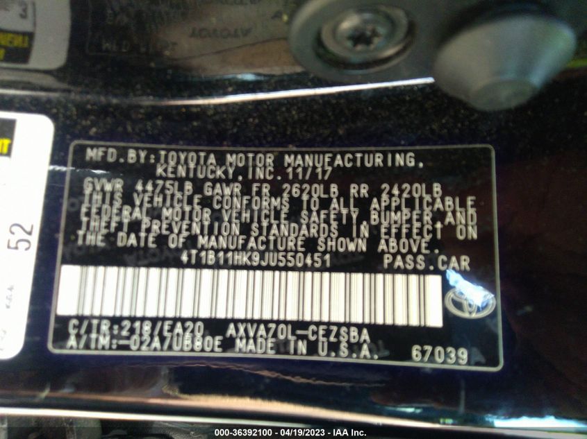 2018 TOYOTA CAMRY LE/SE/XLE/L - 4T1B11HK9JU550451