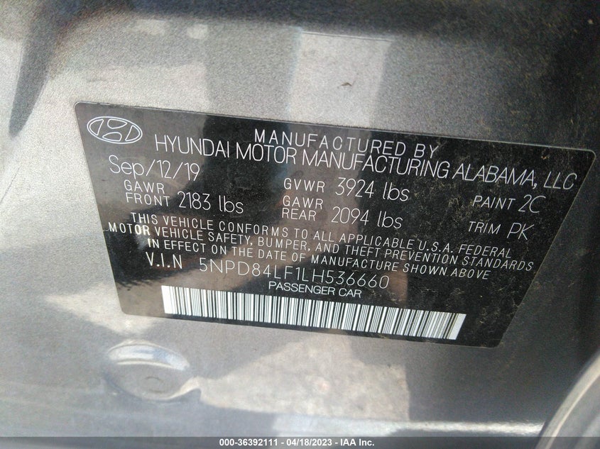VIN 5NPD84LF1LH536660 2020 HYUNDAI ELANTRA SEL