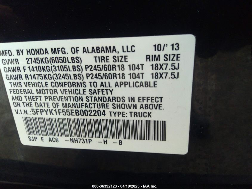 2014 HONDA RIDGELINE RTL - 5FPYK1F55EB002204
