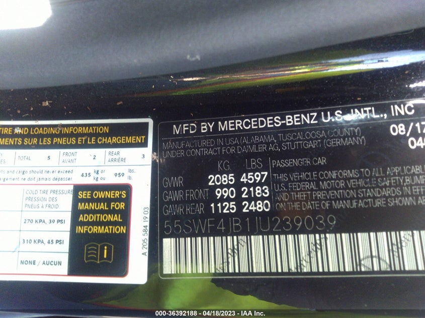 VIN 55SWF4JB1JU239039 2018 MERCEDES-BENZ C-CLASS C 300