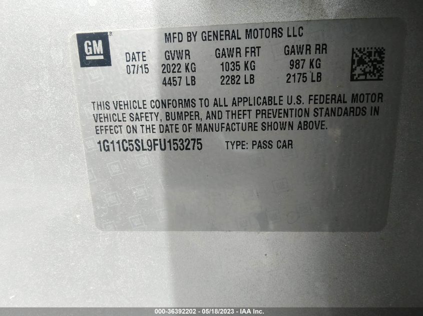 2015 CHEVROLET MALIBU LT - 1G11C5SL9FU153275
