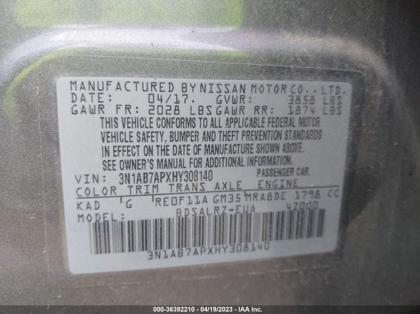 VIN 3N1AB7APXHY308140 2017 NISSAN SENTRA SR