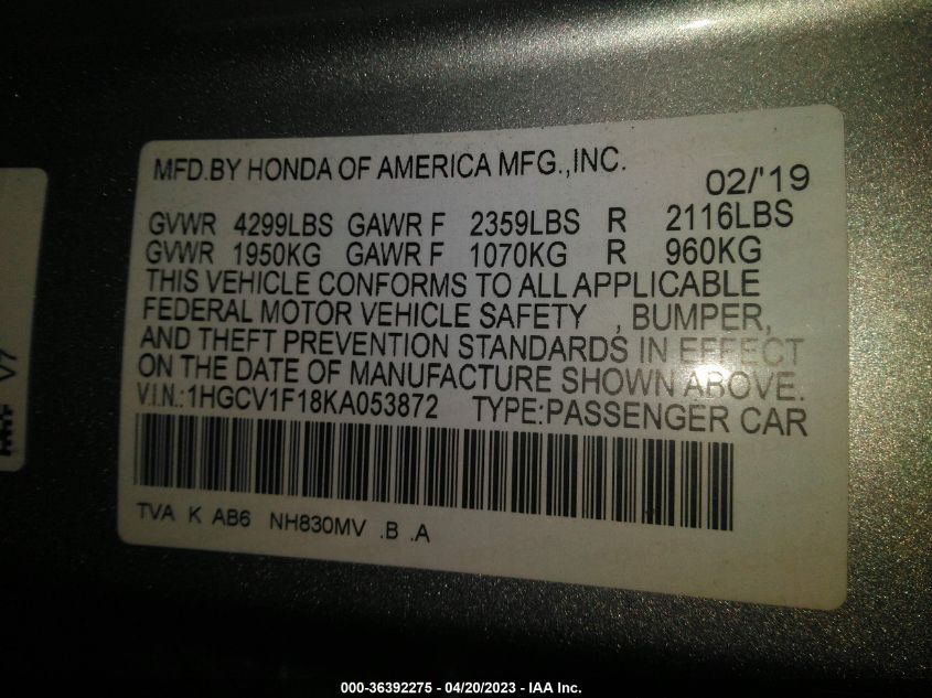 2019 HONDA ACCORD SEDAN LX 1.5T - 1HGCV1F18KA053872