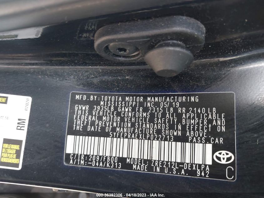 2020 TOYOTA COROLLA LE - 5YFEPRAEXLP022713